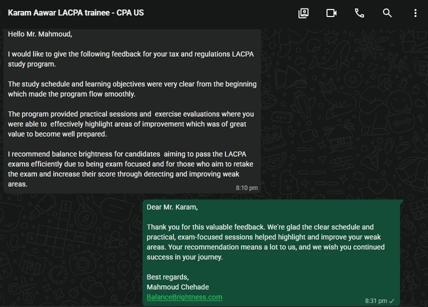 WhatsApp message from Karam A. giving feedback on the LACPA tax and regulations program